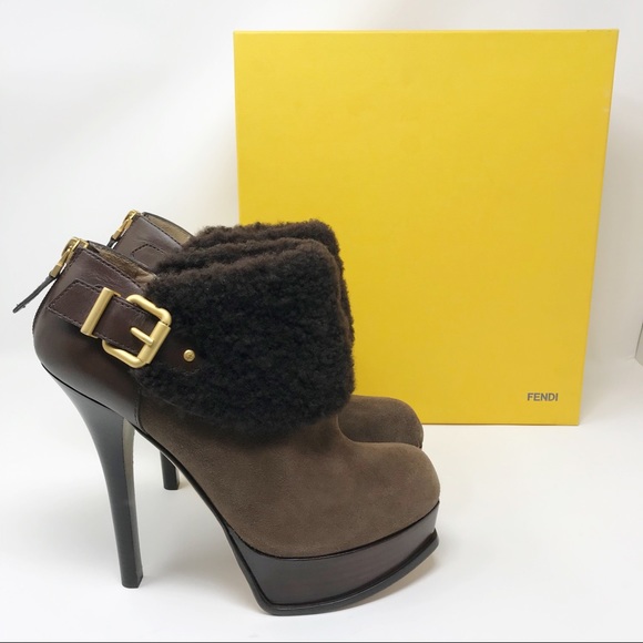 Fendi Shearling Fur Suede Ankle Booties Size 9 - Picture 3 of 8